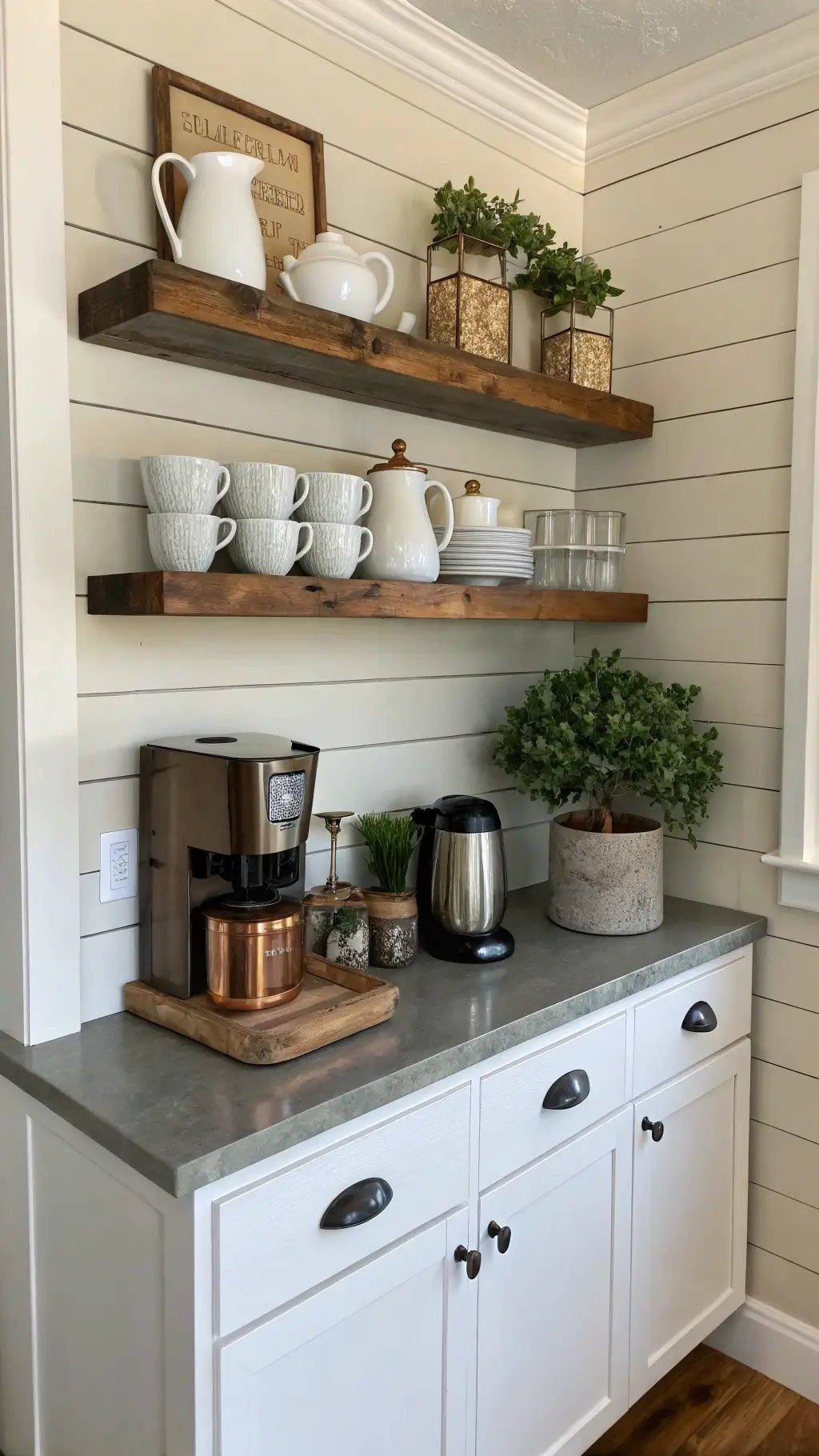 corner coffee station with white oak shelves, ironstone pitchers, copper mugs, modern coffee maker, olive tree on shiplap wall in morning light
