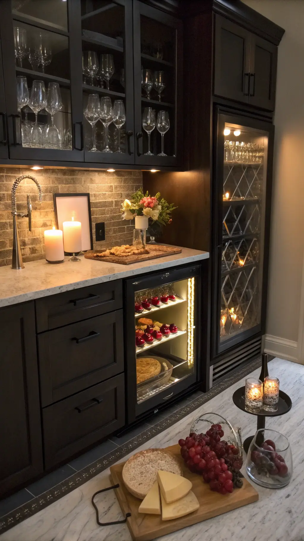 elegant evening entertainment setup with illuminated glass-front cabinets displaying crystal stemware, under-cabinet lighting, panel-front wine refrigerator, decanted red wine, cheese board, fresh figs, candlelight, black metal rack