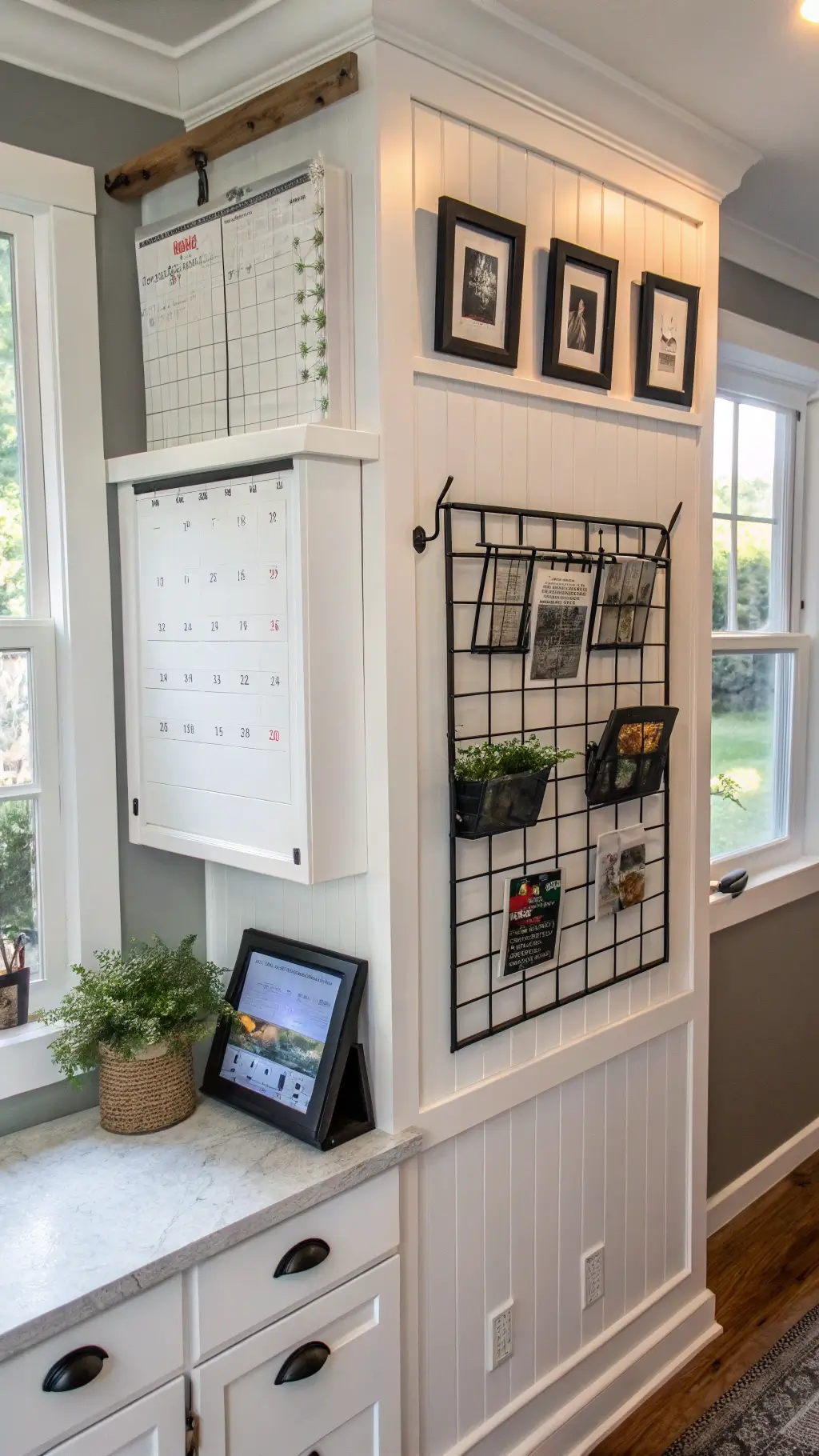 organized breakfast prep area with beadboard backsplash, built-in charging station, calendar wall, metal grid system, mail sorter, framed family photos, herb garden, morning light