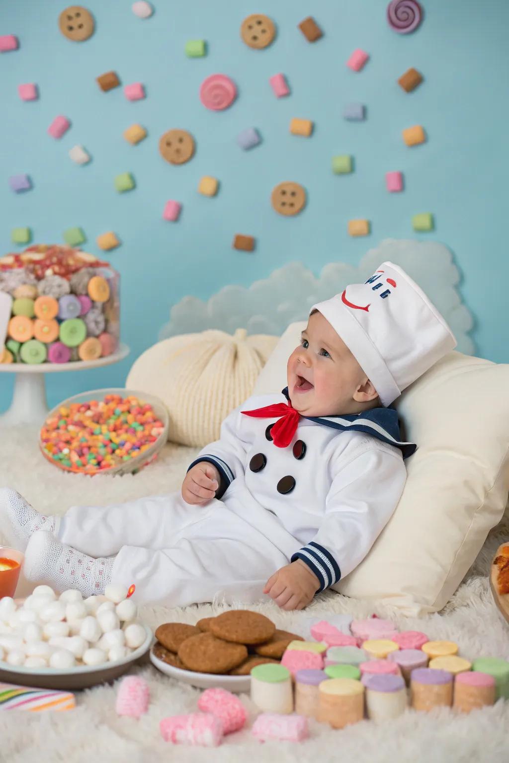 A fluffy marshmallow man costume that's irresistibly cute.