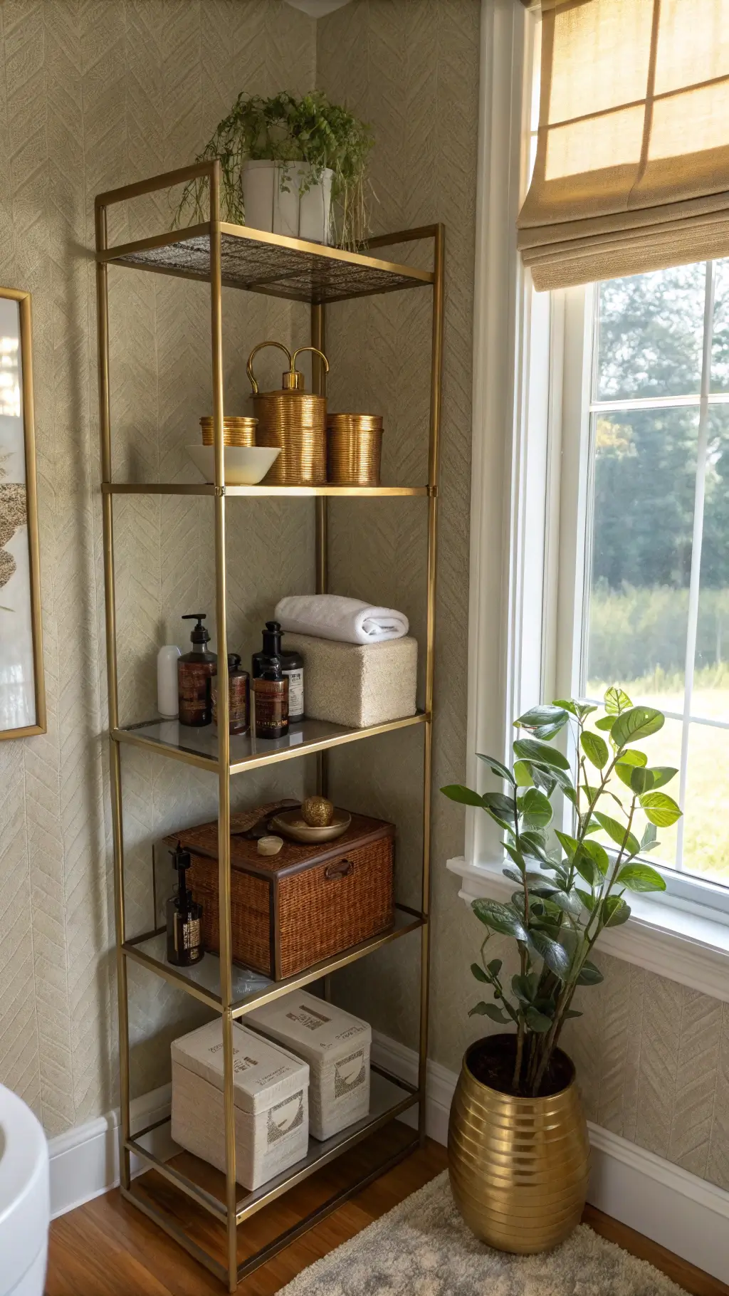 Compact bathroom corner bathed in late afternoon sunlight featuring brass geometric shelf unit with leather storage boxes, amber glass vessels, and trailing pothos plant against textured grasscloth wallpaper