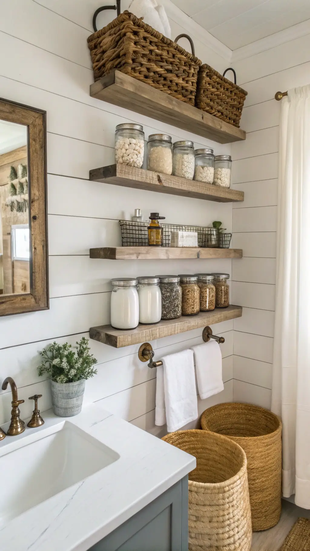 Vintage-inspired small bathroom with shiplap walls, white wooden spice racks holding mason jars, antique brass fixtures, and woven seagrass baskets in soft daylight