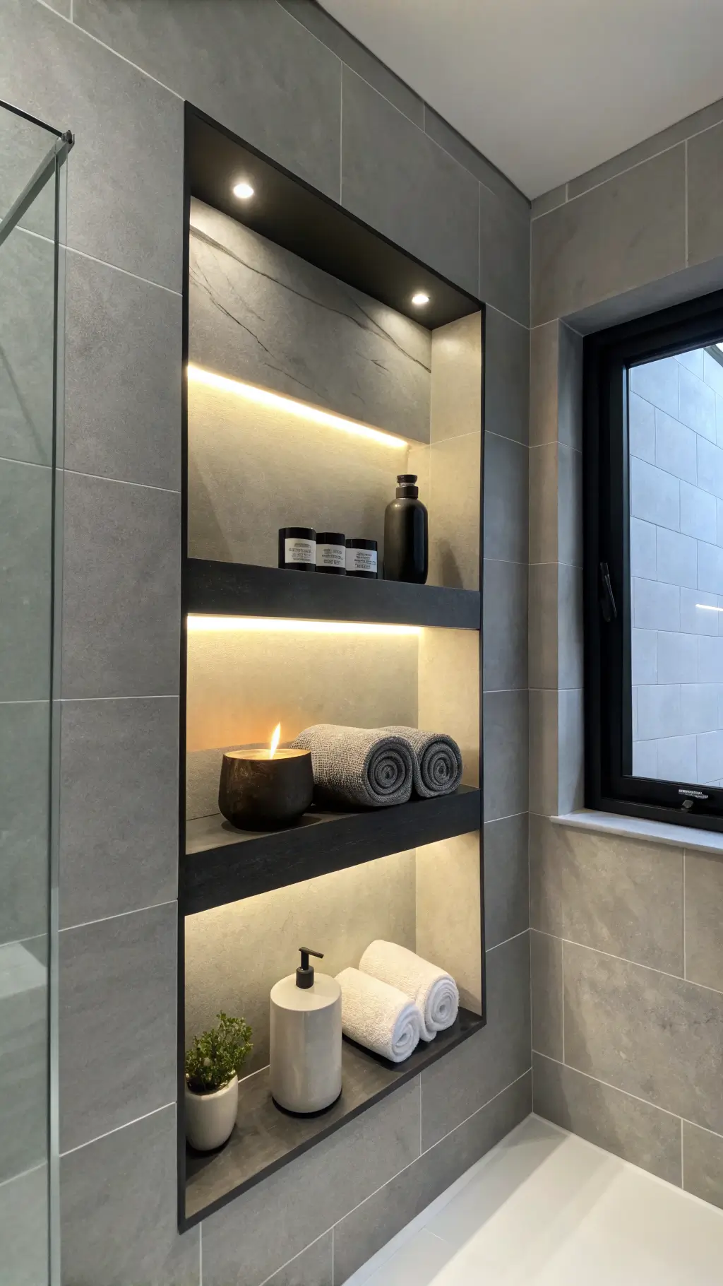 High-angle view of minimalist bathroom niche with matte black floating shelves illuminated by cool LED lighting, displaying geometric concrete vessels and folded charcoal towels