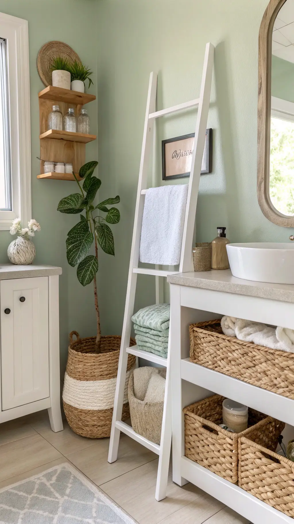 Scandinavian-style bathroom vanity with white ladder shelf against pale sage wall, decorated with woven baskets, ceramic containers, and monstera leaf, bathed in soft morning light