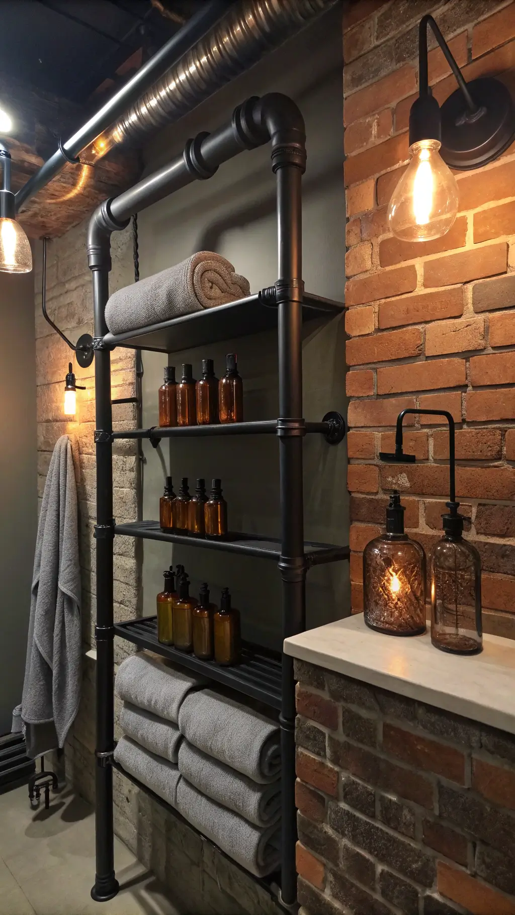 Moody evening bathroom with exposed brick wall, black metal pipe shelving, amber glass dispensers, grey towels, copper accents, and Edison bulb sconce providing warm lighting