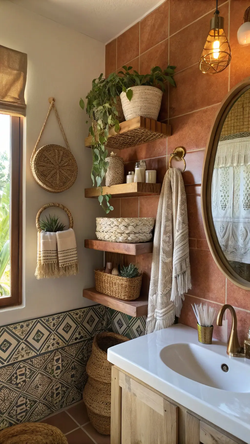 Bohemian-style small bathroom with terra cotta wall, rattan shelves holding ceramics and macramé plants, brass mirror reflecting natural light