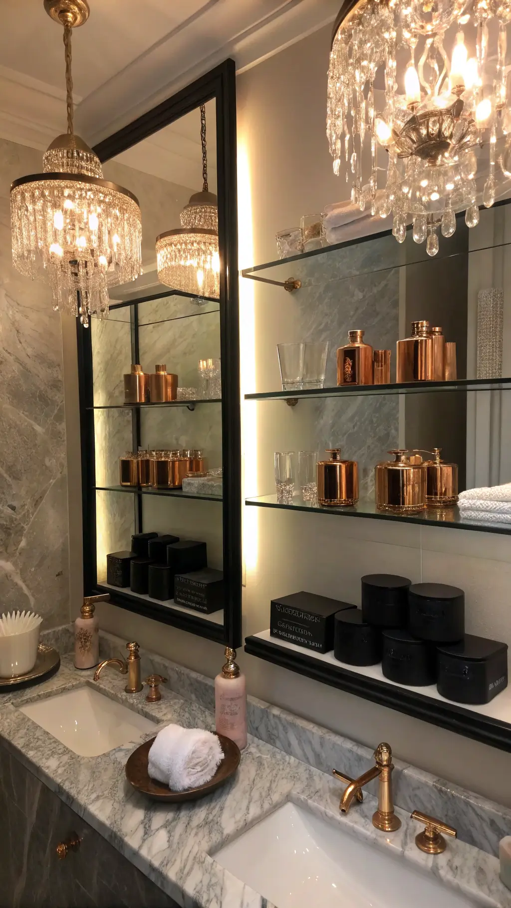 Luxurious evening bathroom with mirrored shelves, crystal sconces, rose gold containers, marble trays, and black lacquer boxes under warm artificial lighting