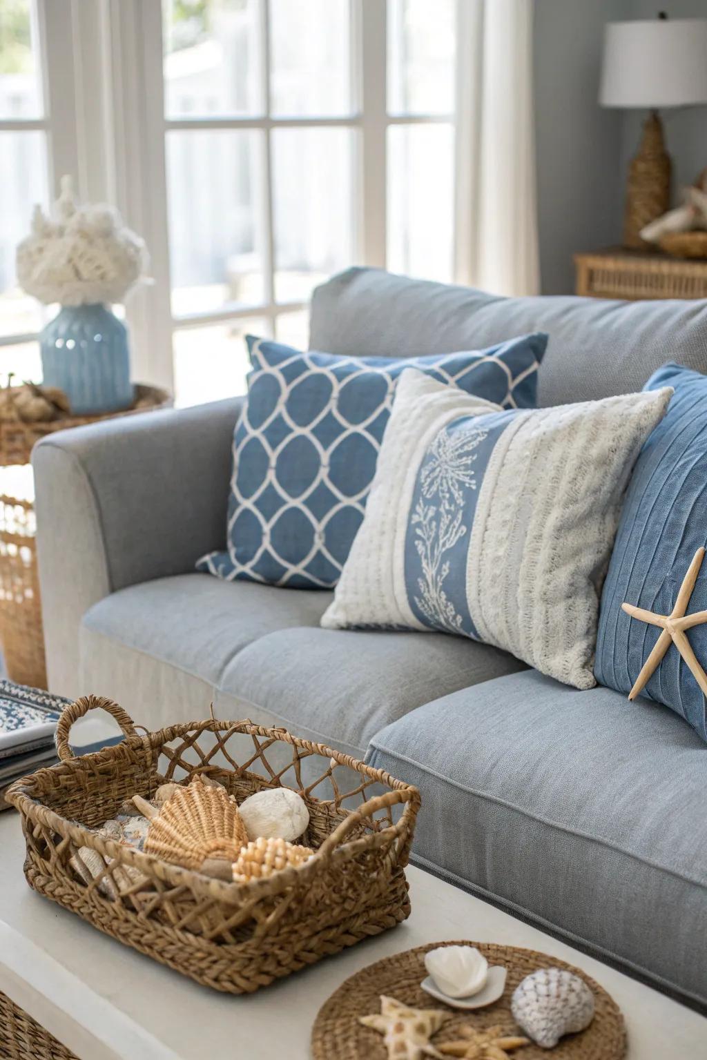 Grey sofa styled with coastal-inspired decor.