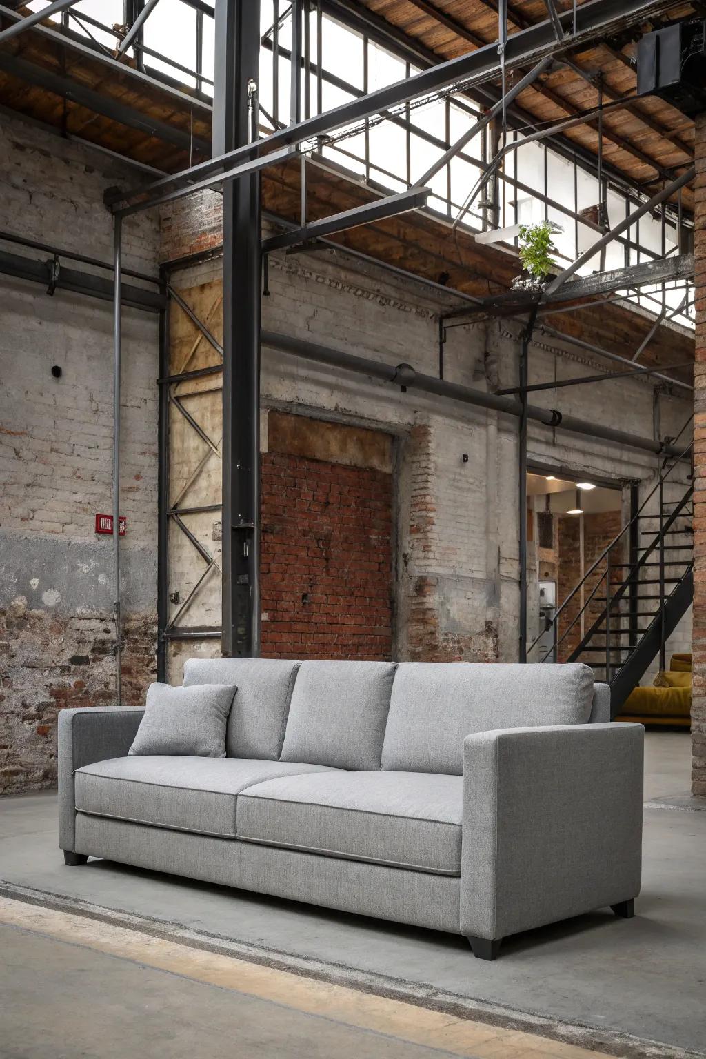 Grey sofa complemented by industrial-style decor.