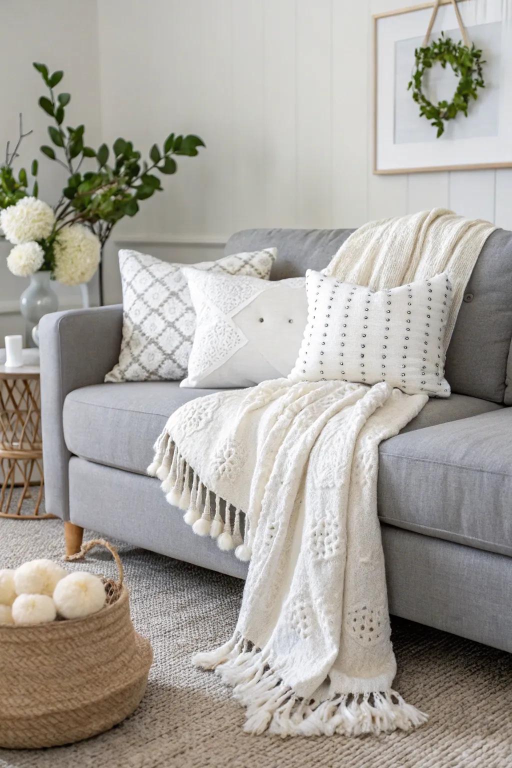White accents brighten a living room with a grey sofa.