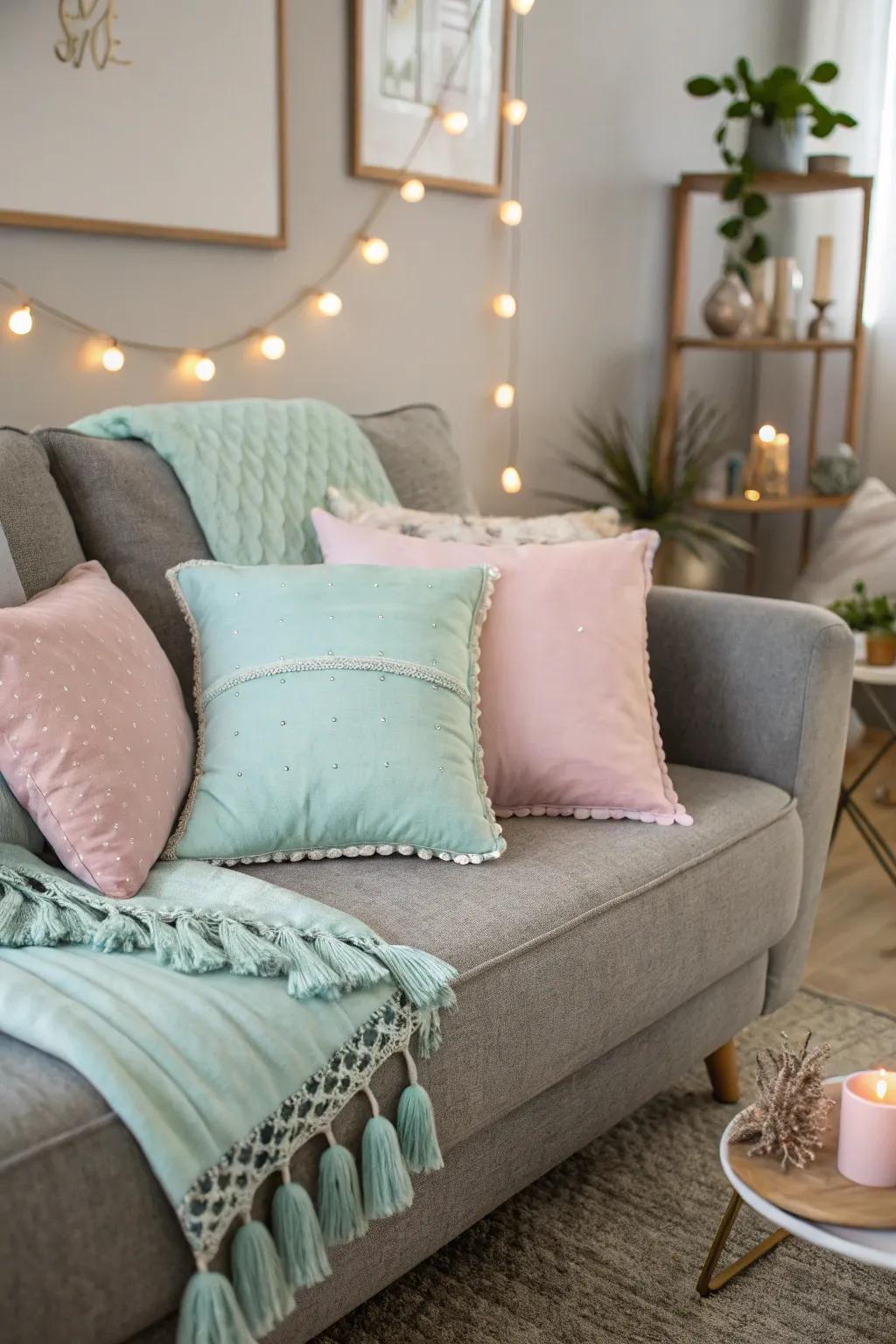 Pastel accents create a soothing atmosphere with a grey sofa.