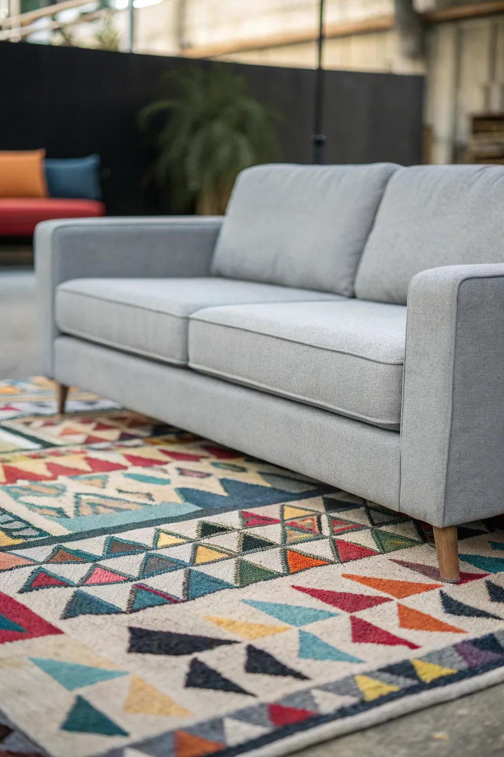 A patterned rug anchors a grey sofa in the living room.