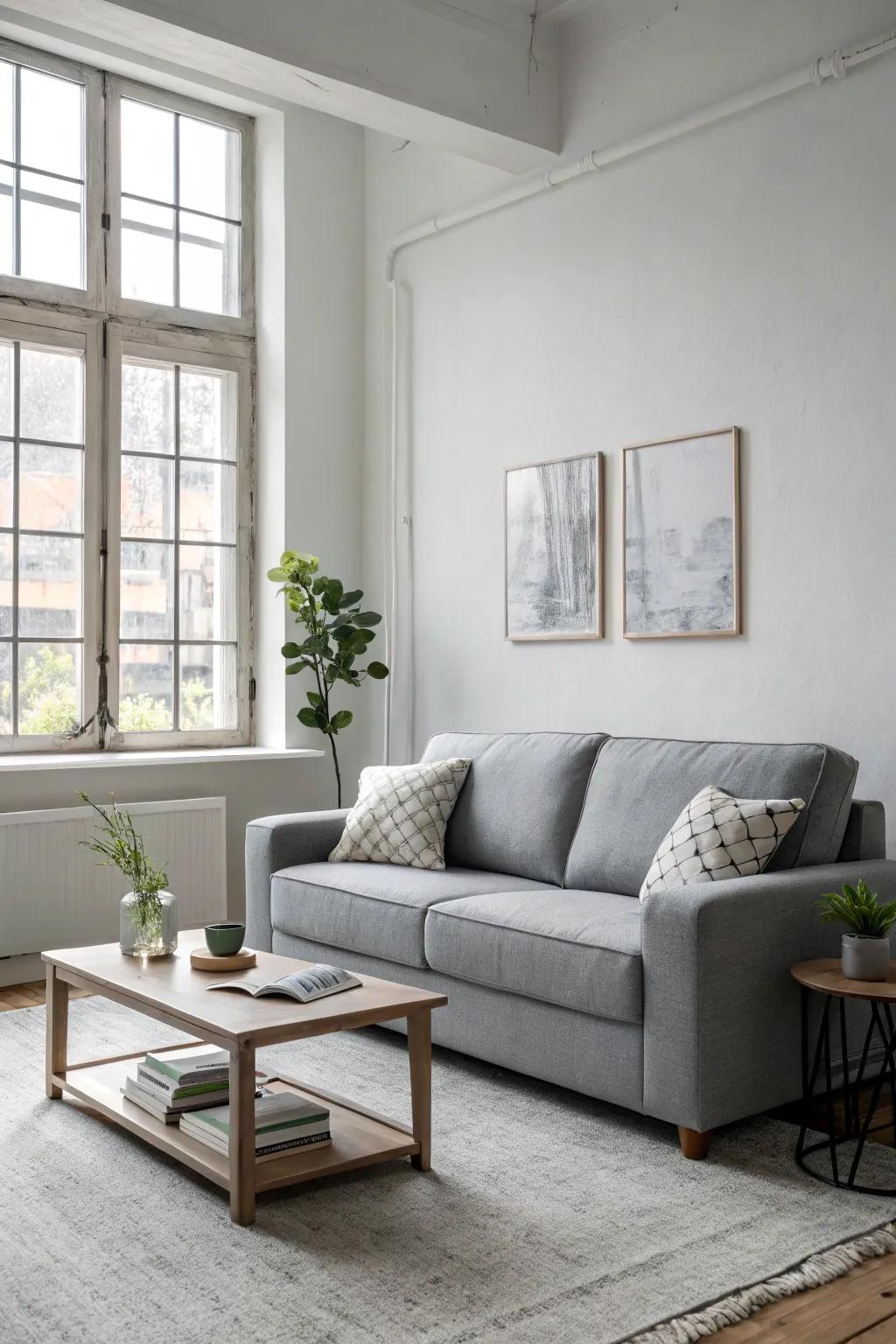 Minimalist decor enhances the sophistication of a grey sofa.