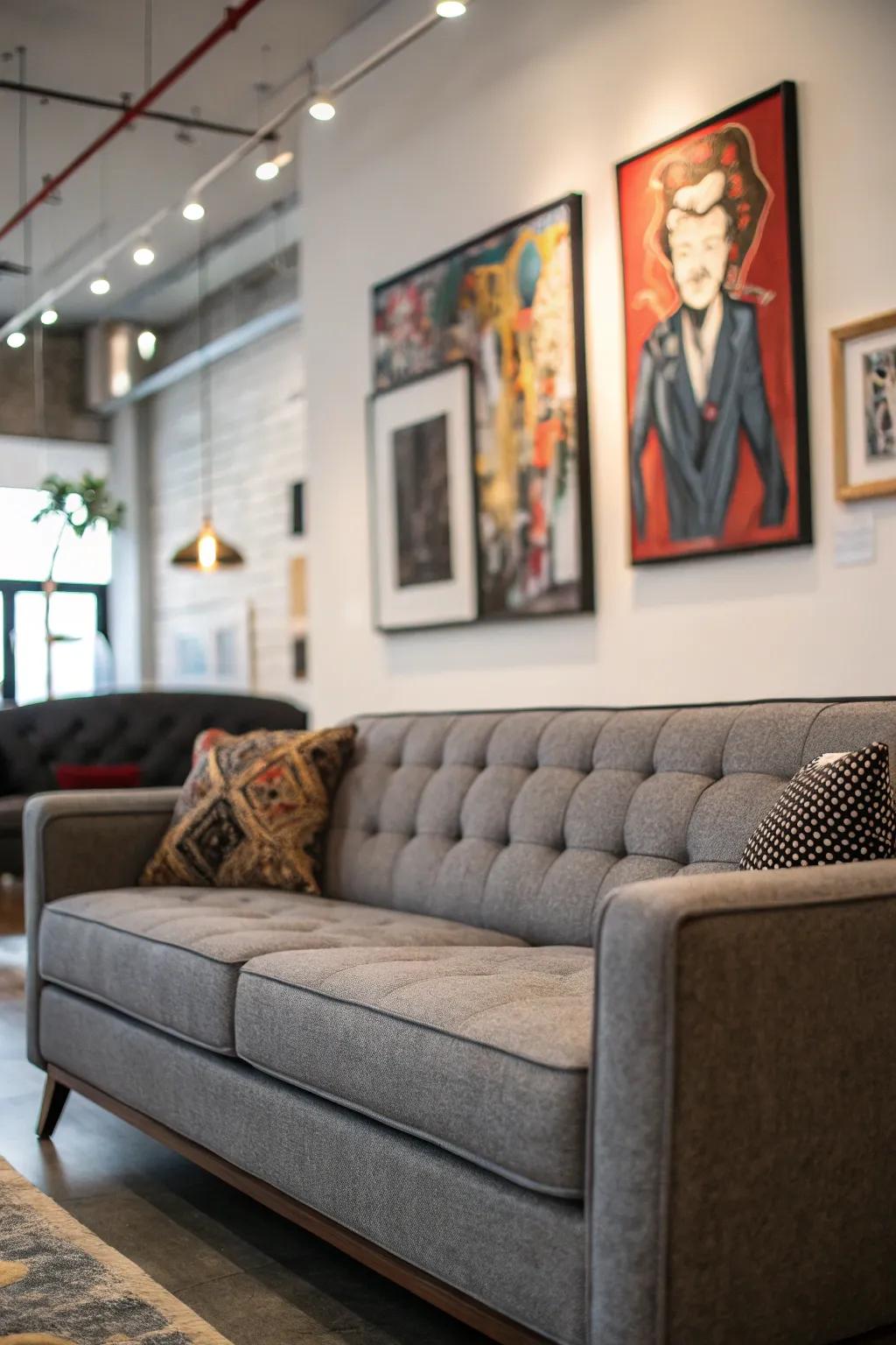 Striking artwork enhances a grey sofa area.
