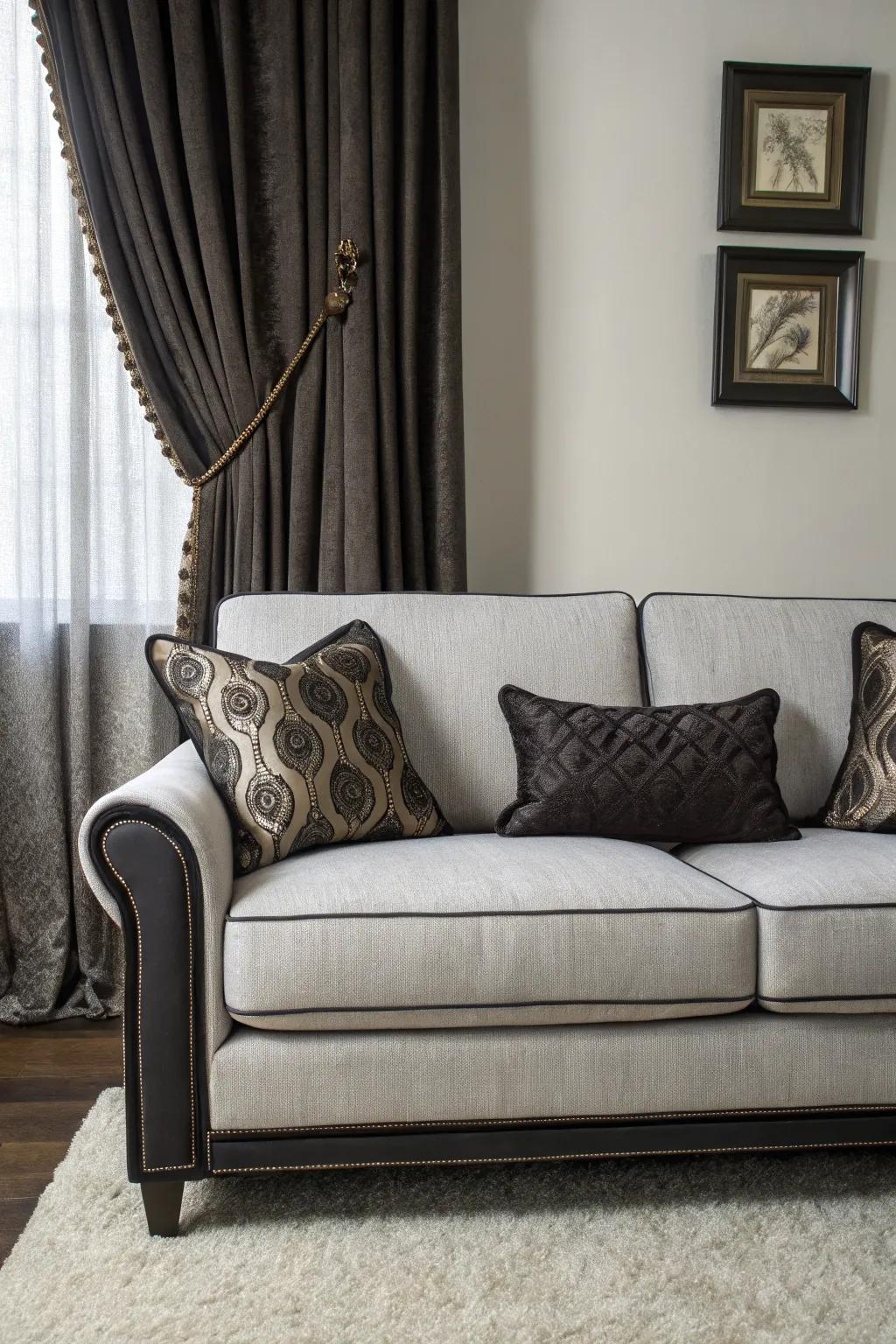 Dark accents create striking contrast with a grey sofa.