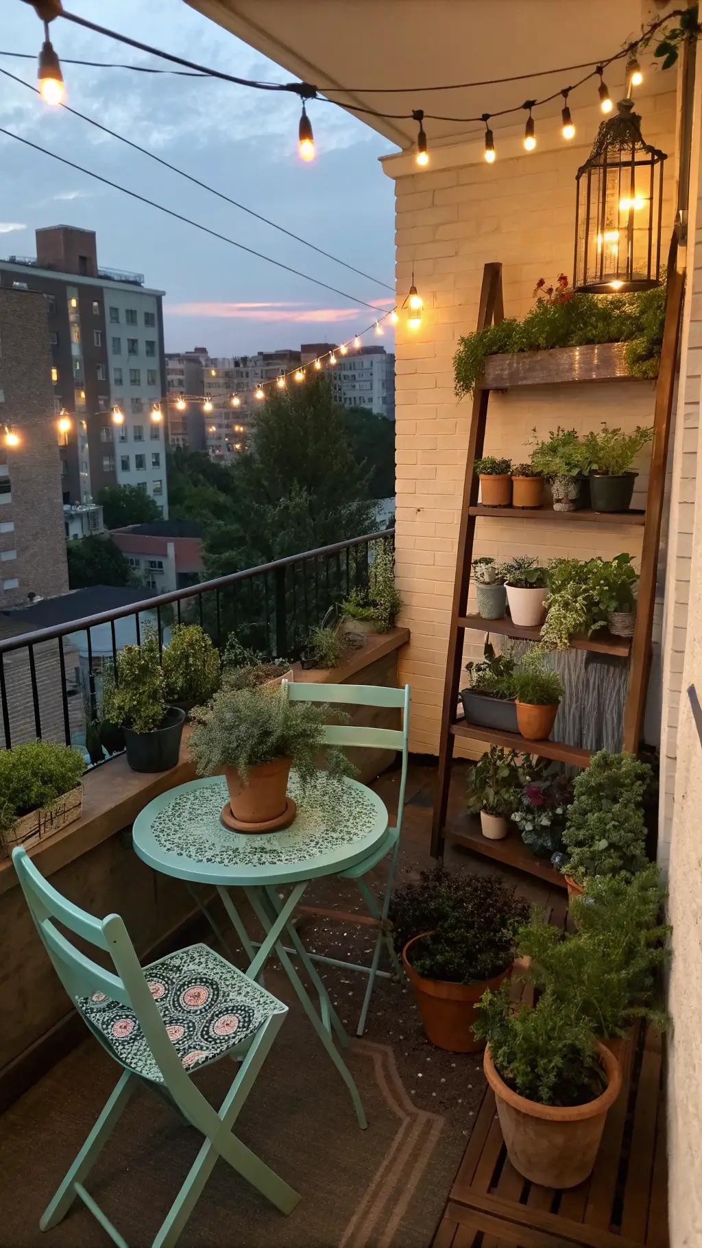 Urban balcony garden with twinkling mason jar lights, mint green bistro set, diverse herbs in ceramic planters, copper wind chimes