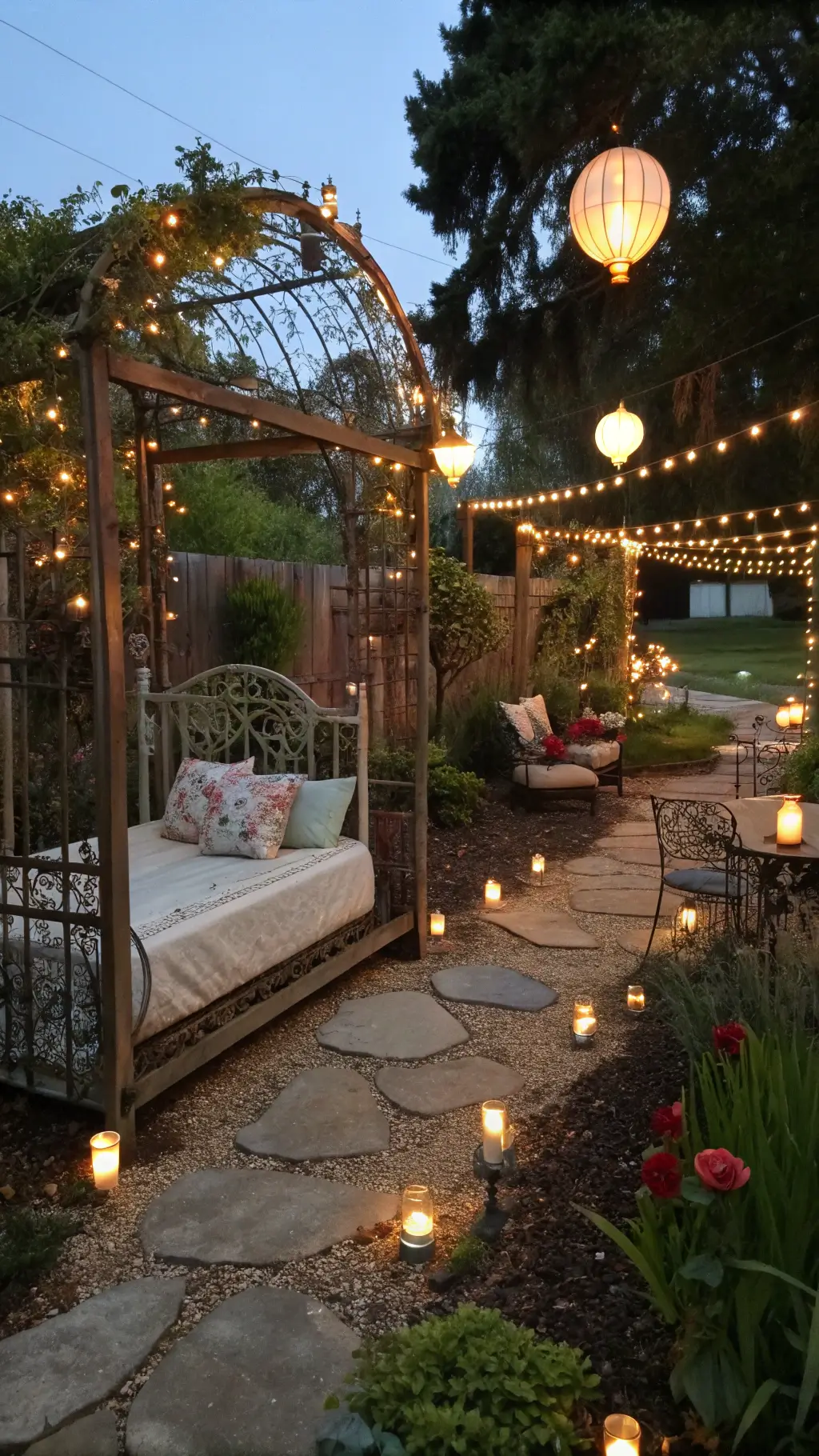 Dusk garden courtyard with antique bed frame arch wrapped in fairy lights, moonflowers, floating glass globes, handpainted screens, mushroom pathway lights, small pond with floating candles