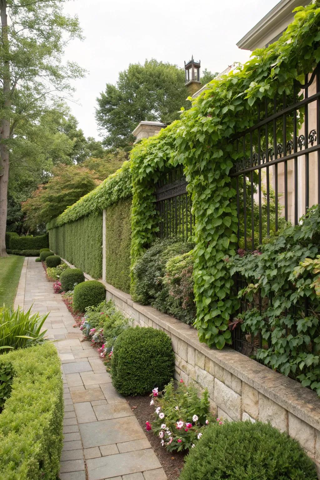 Climbing plant fences create lush, evolving green walls that enhance outdoor spaces.