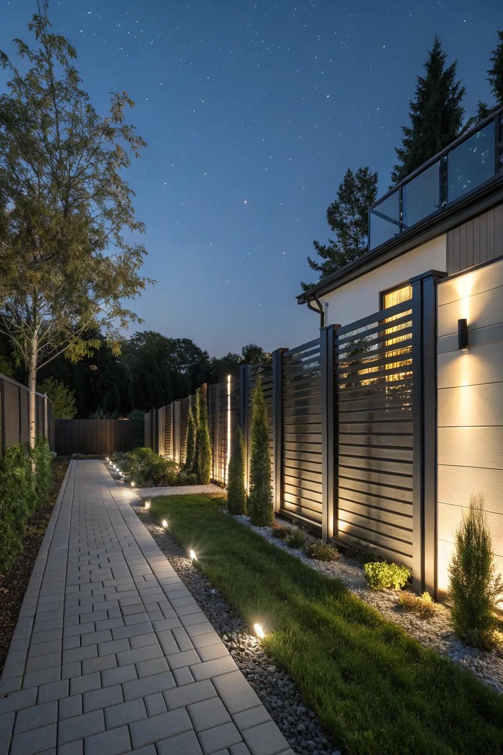 Built-in lighting transforms fences into stunning nighttime features.