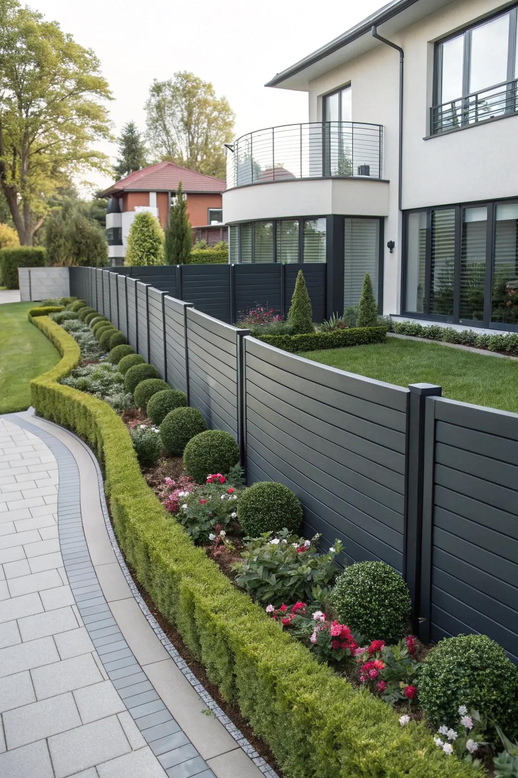 Arched fence panels introduce graceful curves for a modern aesthetic.