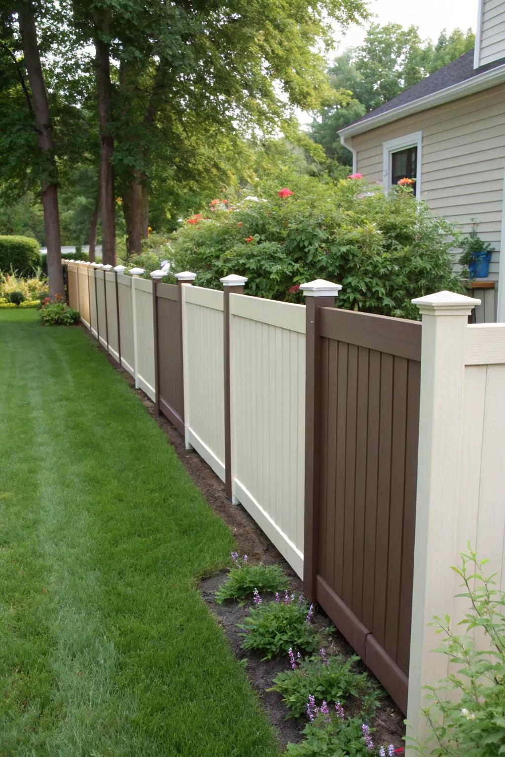 Two-tone vinyl fences create striking contrasts for a modern look.