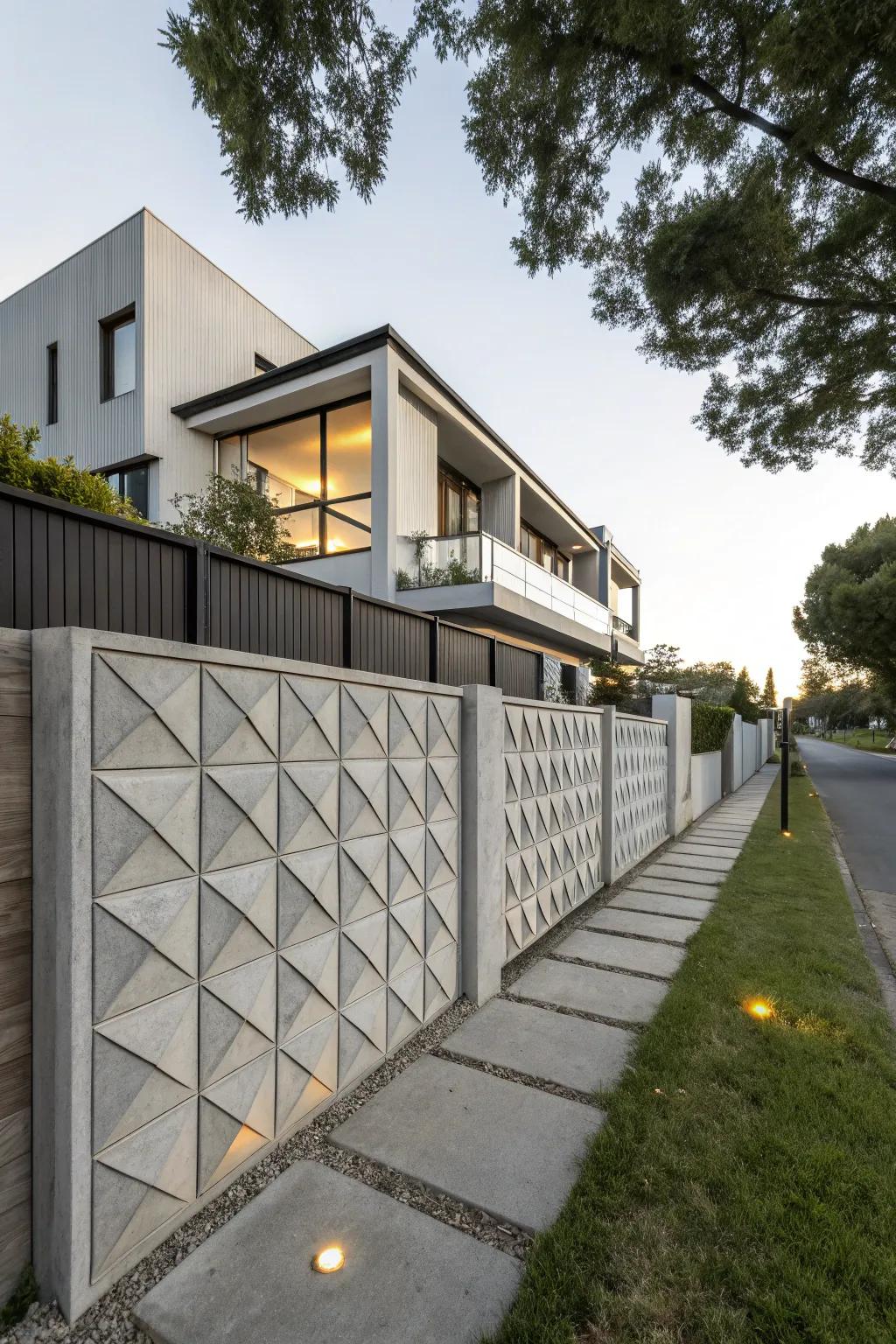 Geometric concrete fences offer a modern, commanding presence.
