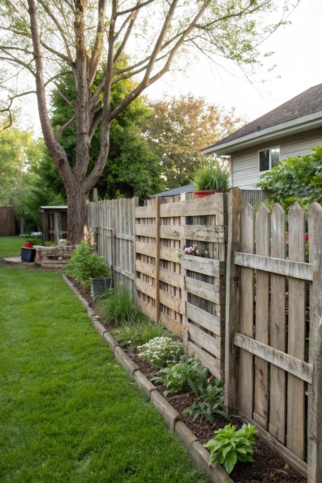 Upcycled pallet fences combine sustainability with rustic charm.