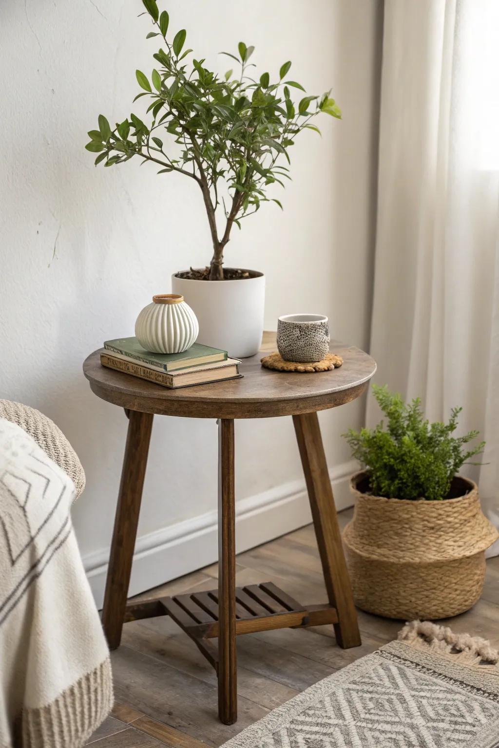 A small houseplant adds freshness to a side table.