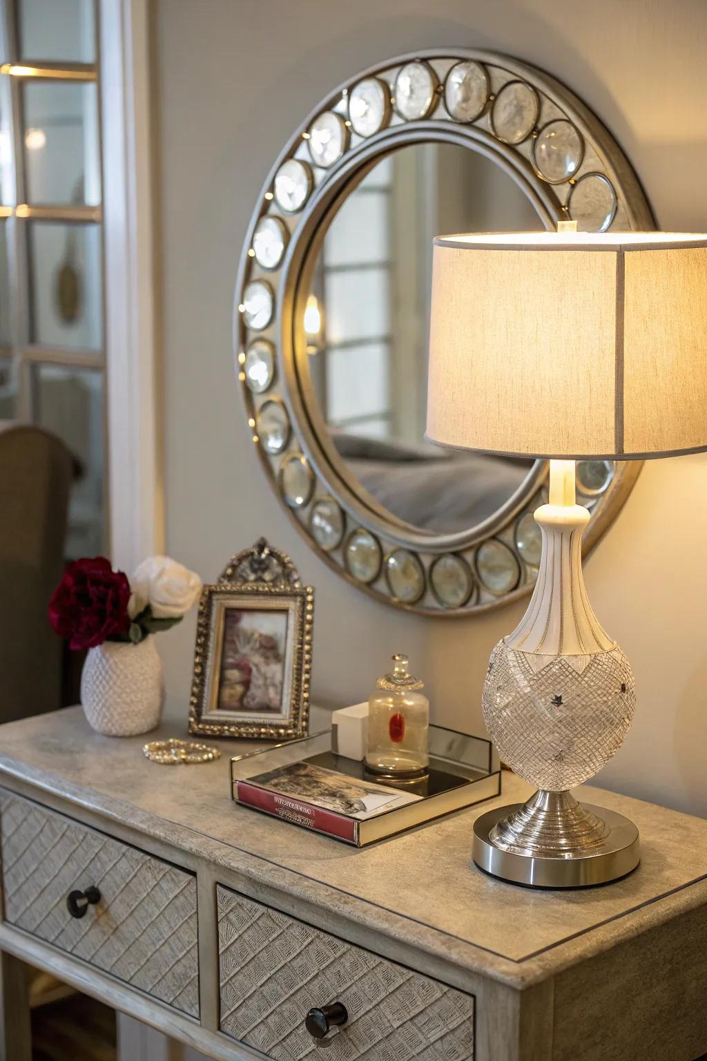 Decorative mirror adds depth and brightness to a side table.