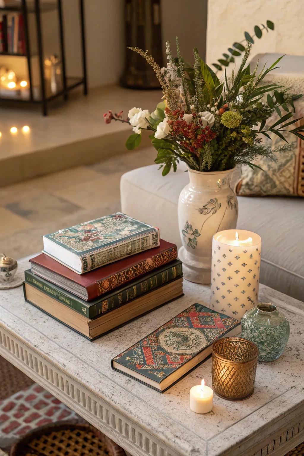 Books with eye-catching covers add artistic flair to a side table.