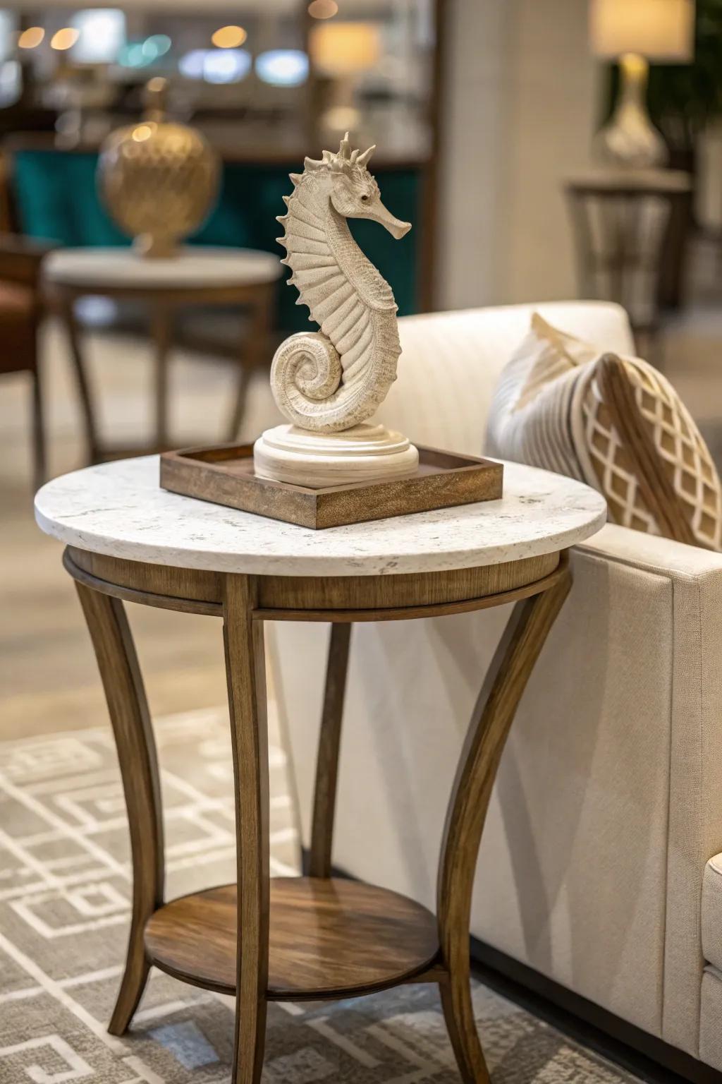 A sculptural piece adds an artistic touch to a side table.
