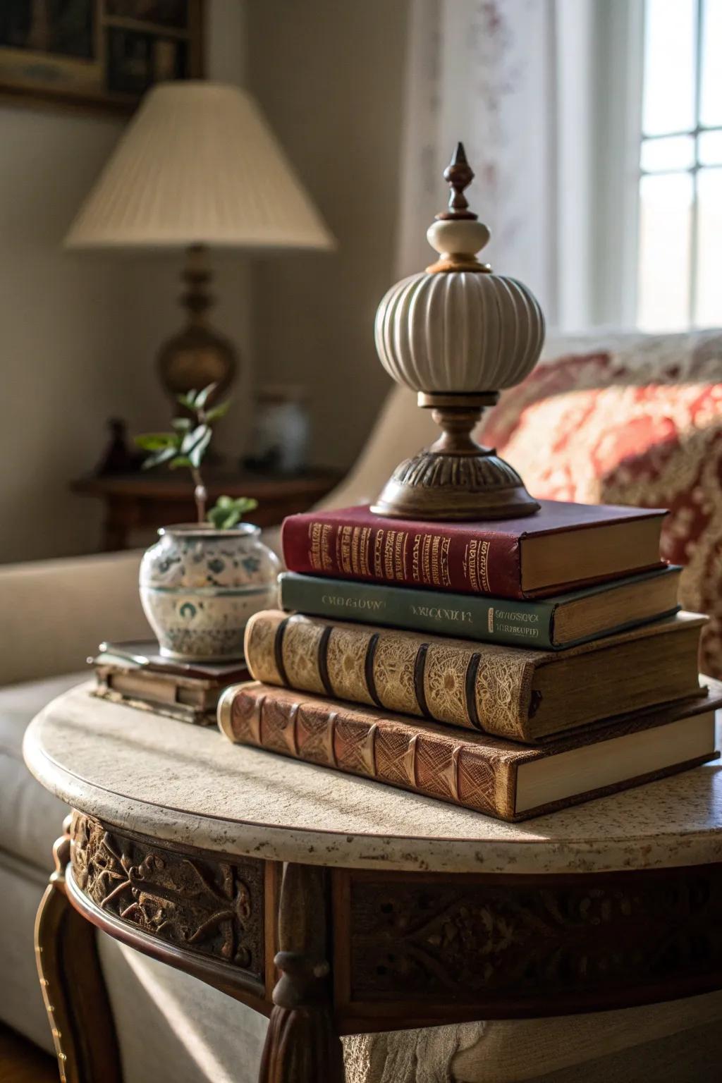 Stacked vintage books add sophistication to a side table.