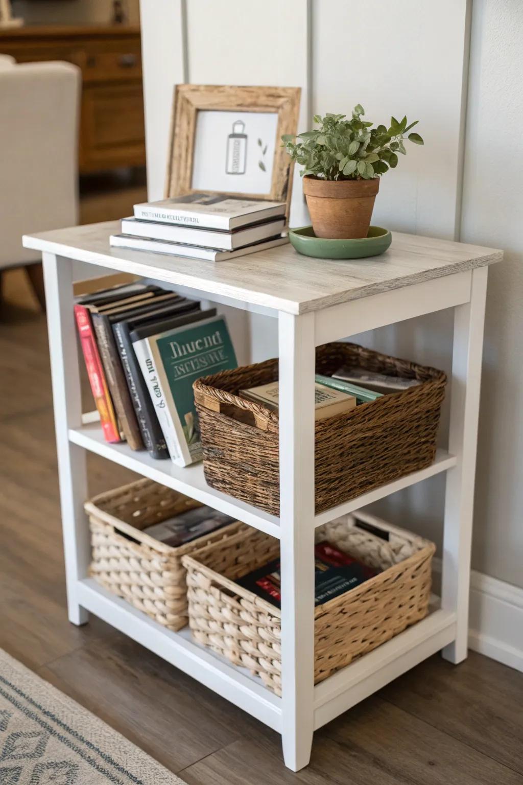 Shelves under a side table provide extra storage and style.