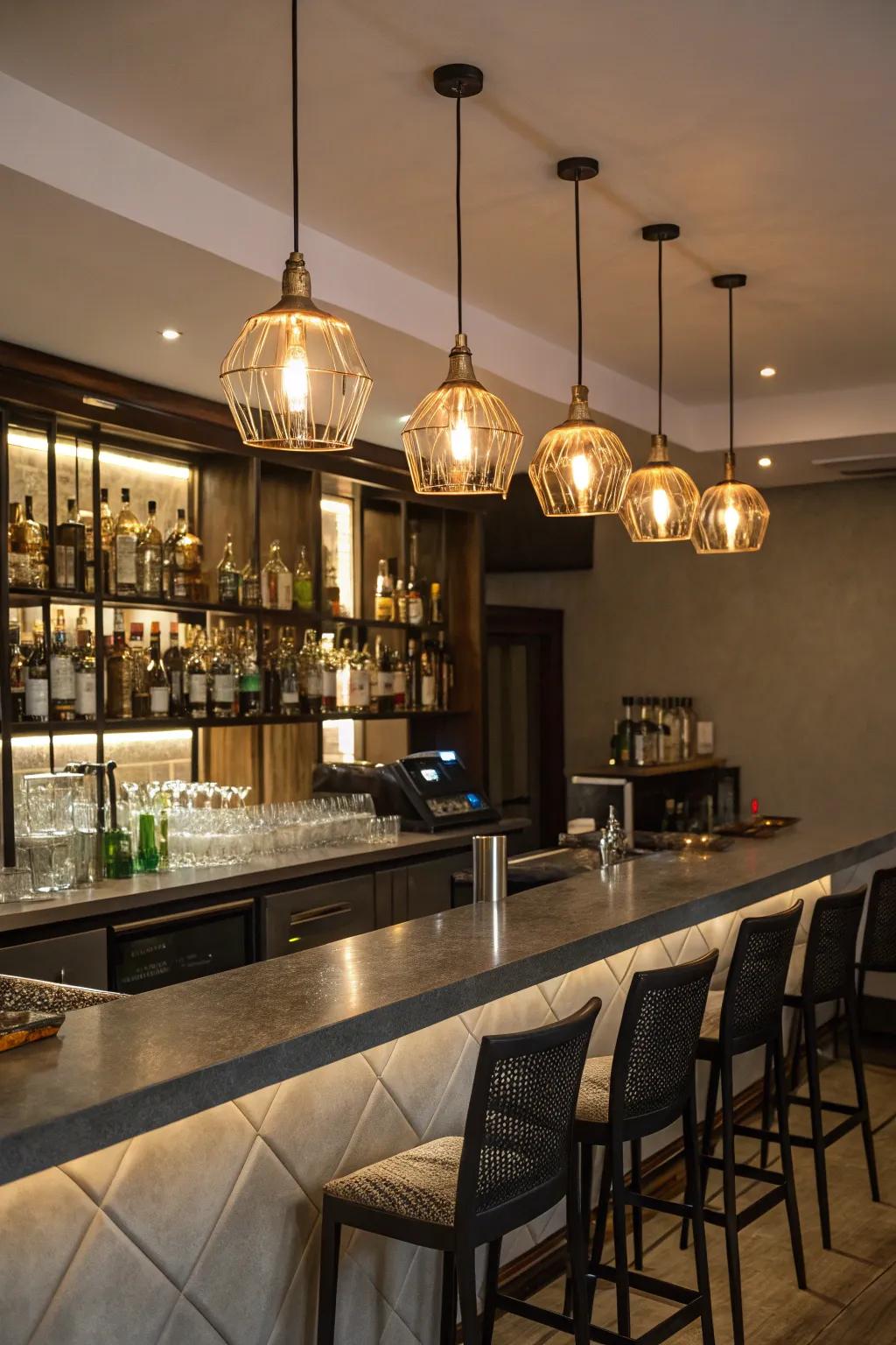 Pendant lights hanging above the bar add warmth and style.