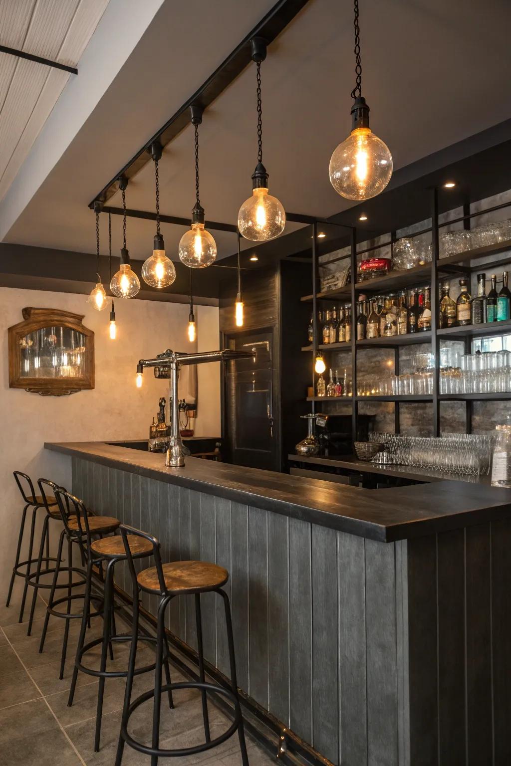 Exposed bulb lighting adds industrial character to the bar.