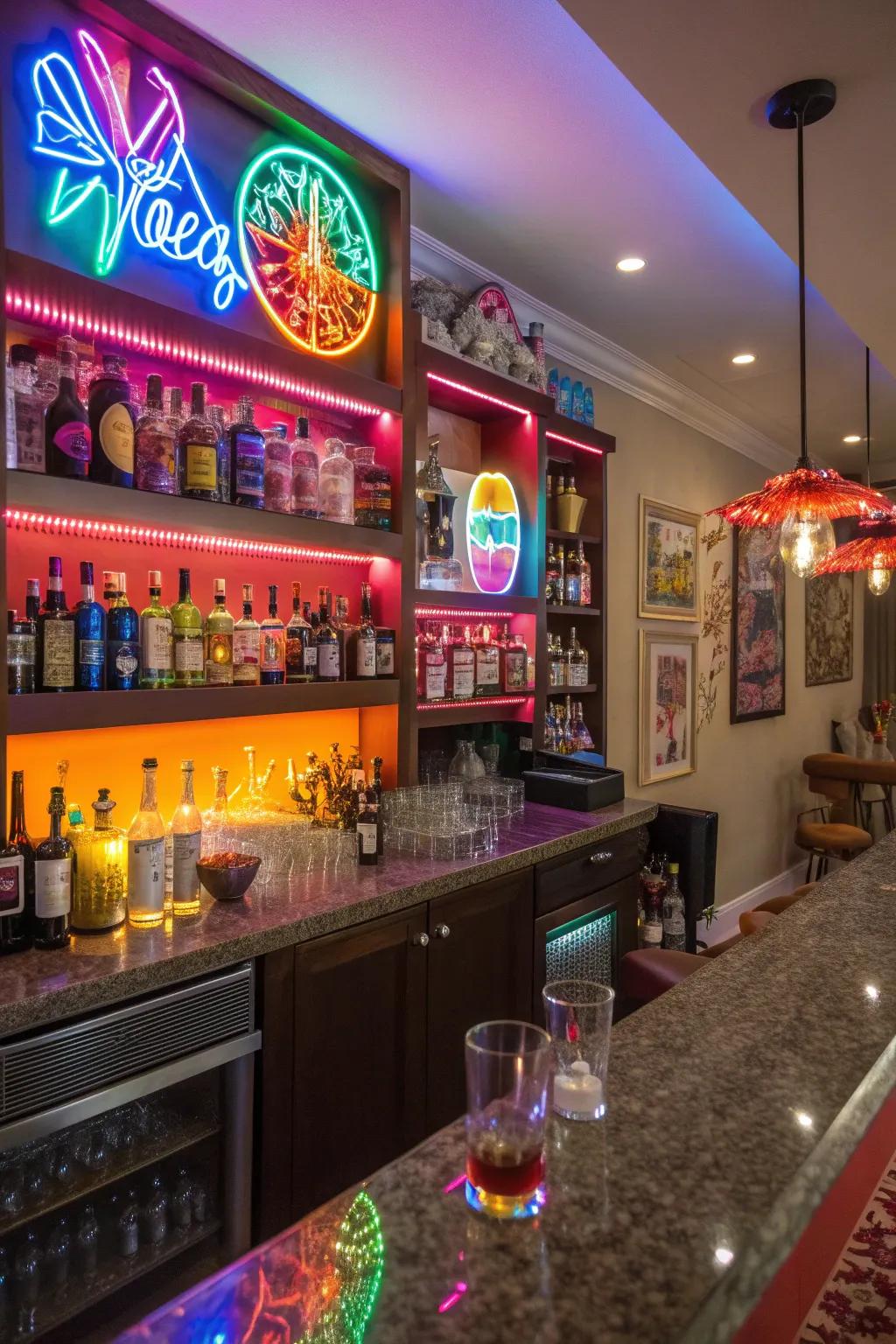 Vibrant light displays add color and personality to the bar.