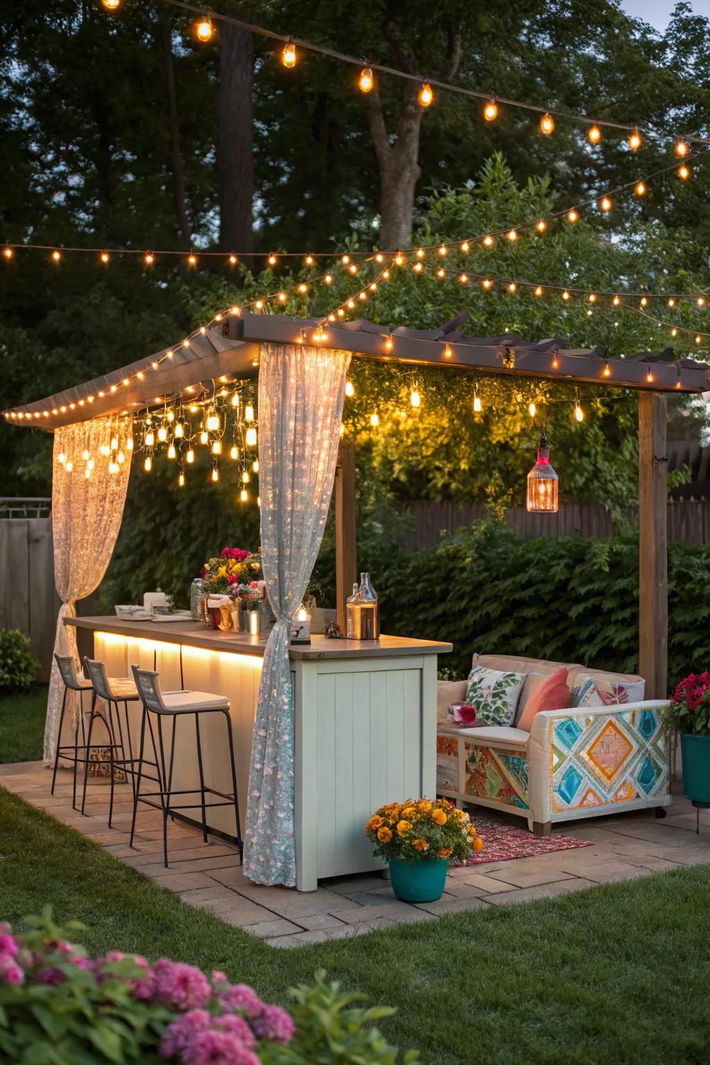 Festoon lights create a magical ambiance in outdoor bar areas.
