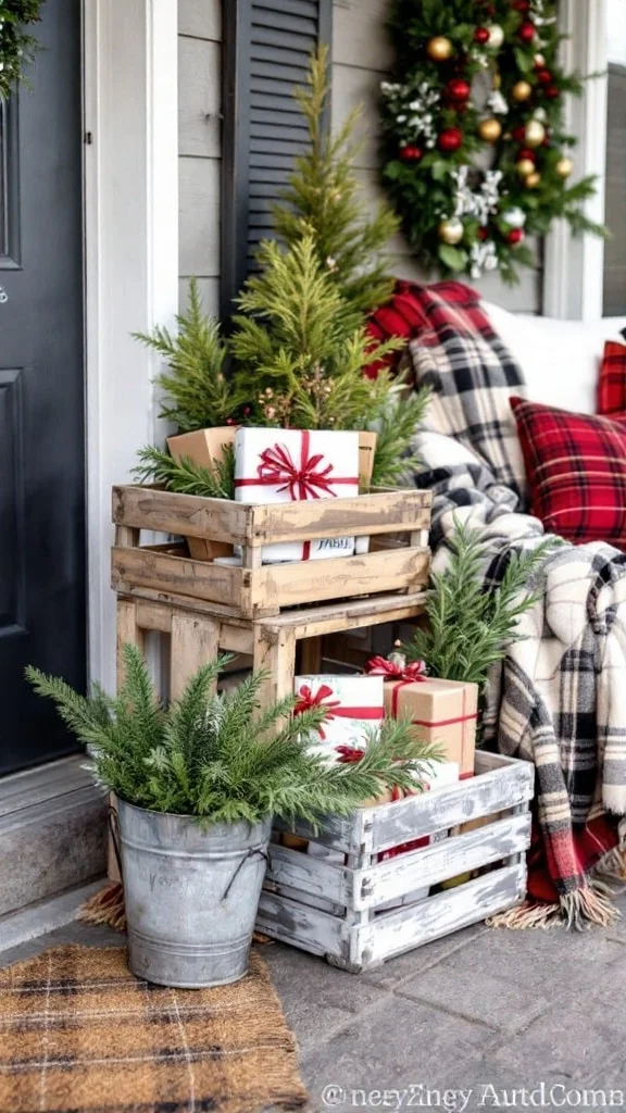 Christmas porch with wooden crates and greenery