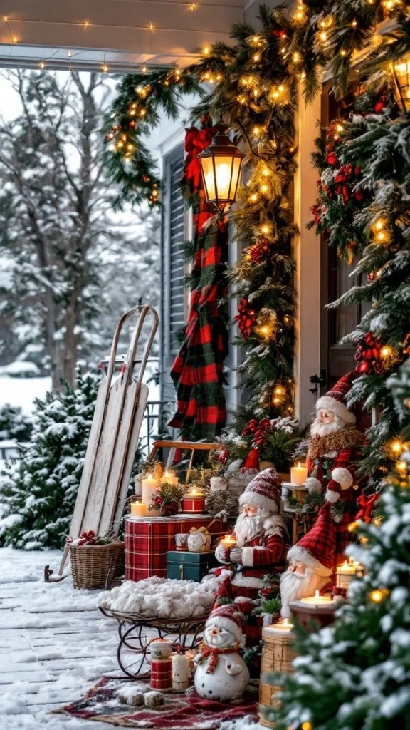 Vintage Christmas porch with antique sleds and classic decor