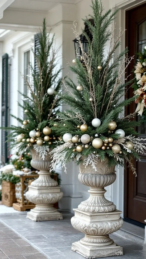 Large urn planters filled with holiday greenery and ornaments