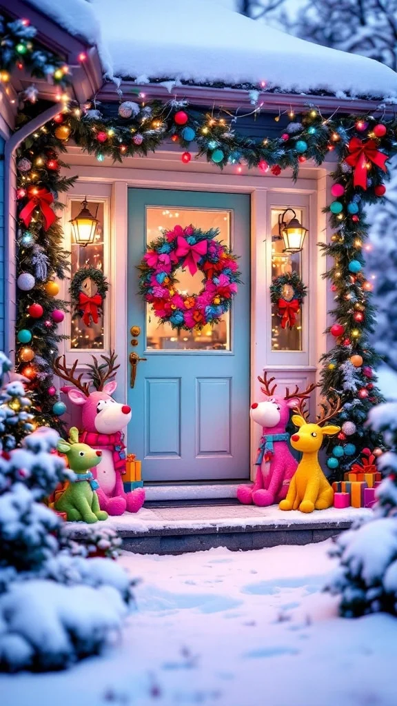 Bright and colorful Christmas porch decorations