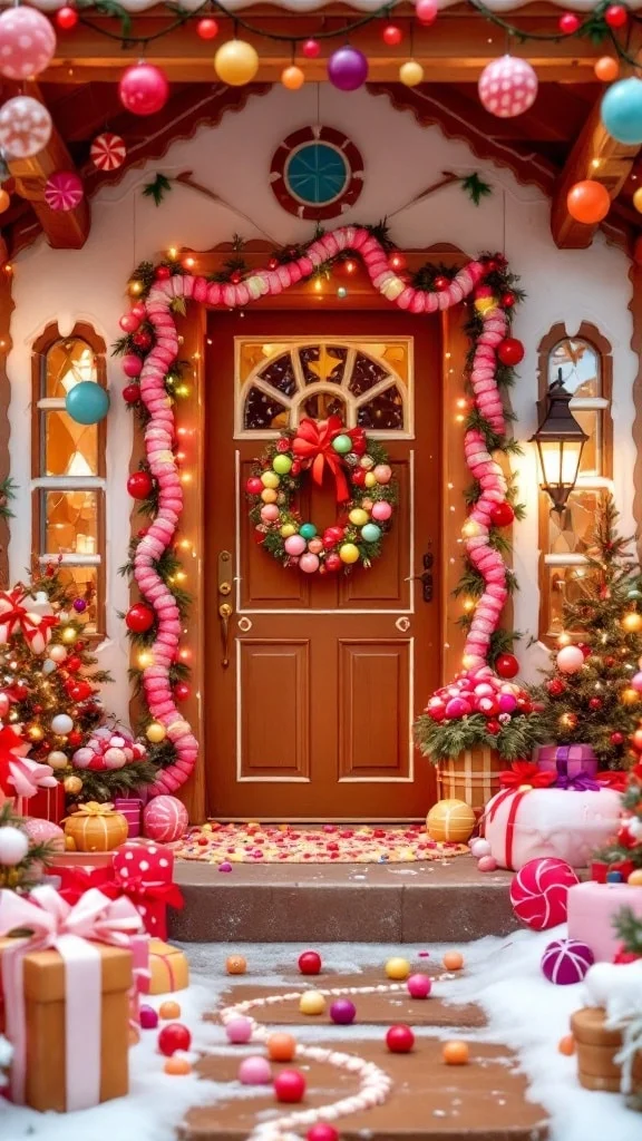 Gingerbread house themed Christmas porch with candy decorations