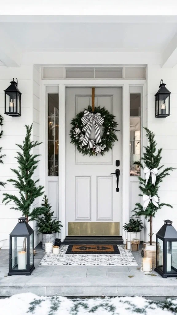 Black and white Christmas porch with striped bows and lanterns