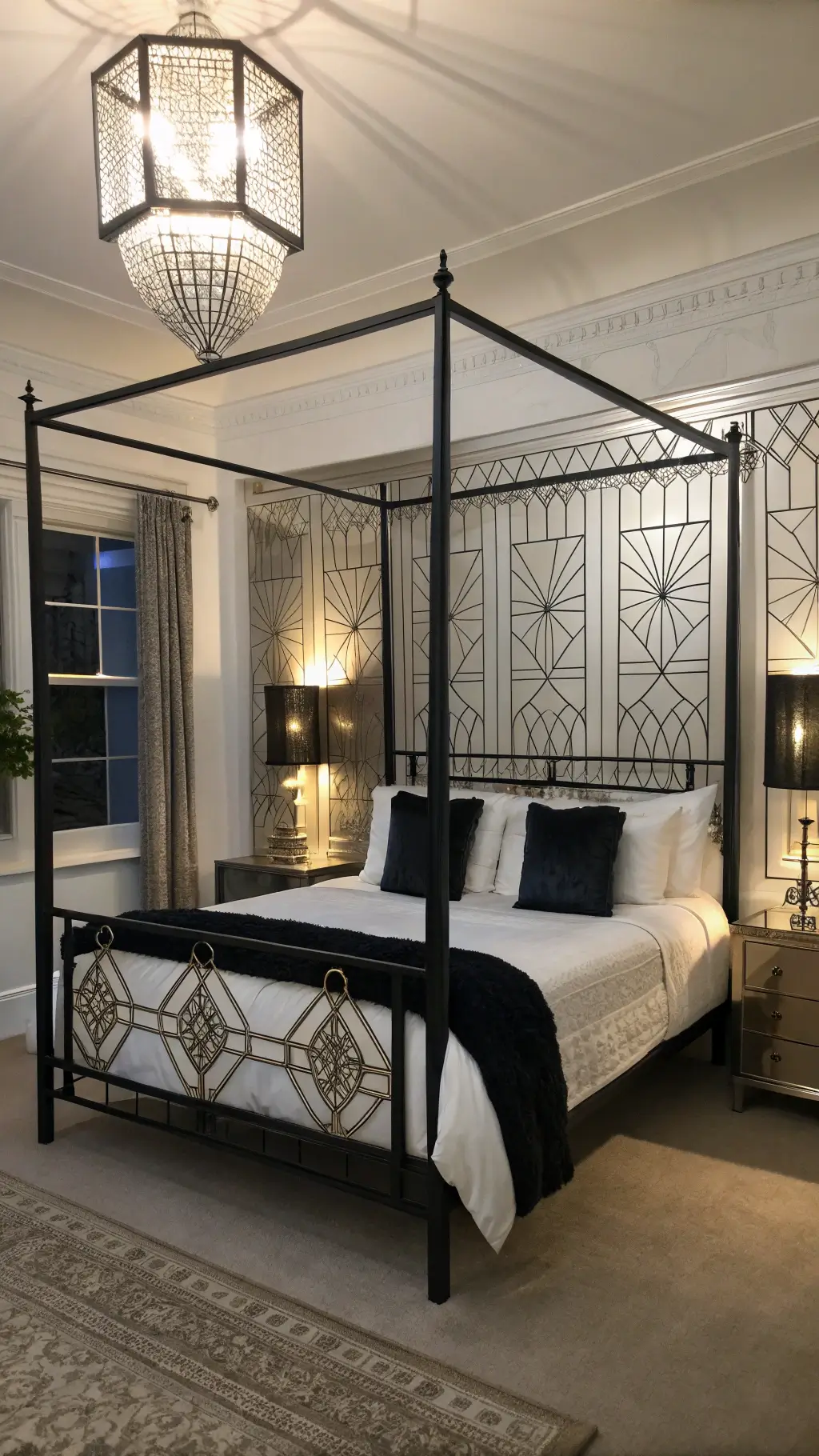 Art Deco bedroom featuring a black four-poster bed, white walls with metallic accents, white sateen bedding, black velvet cushions, and symmetrical crystal lamps.