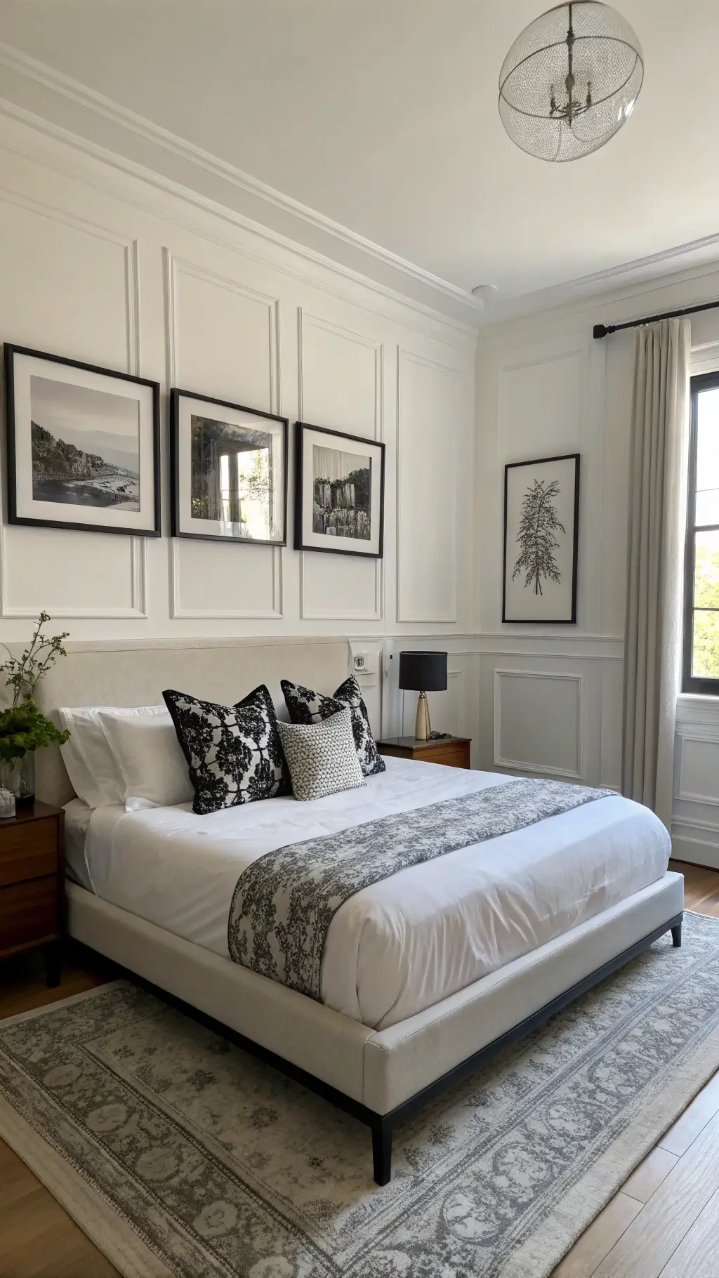 Contemporary bedroom with white walls, black picture rail molding, low-profile bed with white linens and black marble pillows, decorated with asymmetrical black and white photography.