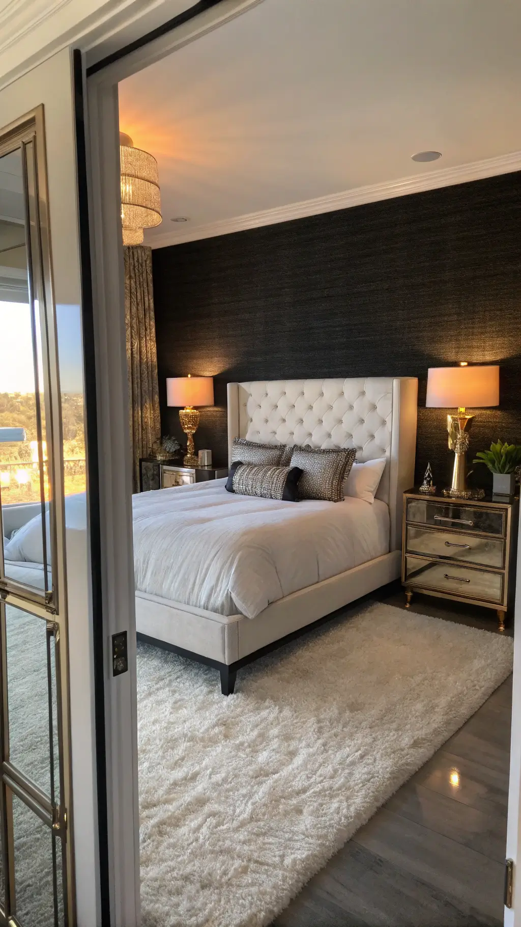 Glamorous bedroom with black grasscloth wallpaper, white upholstered bed, chrome and glass nightstands, and a soft white faux fur rug illuminated by sunset.