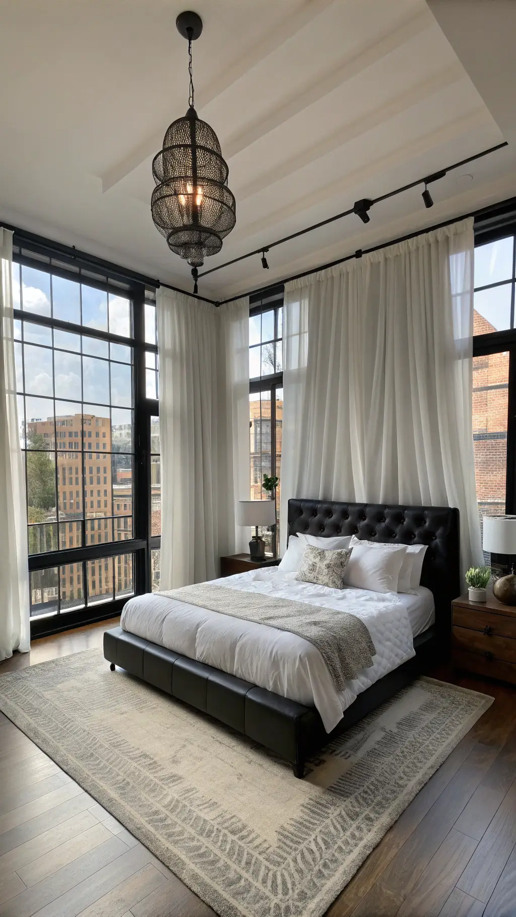Urban chic bedroom with black steel-framed windows, floor-to-ceiling white curtains, black leather platform bed, white linens, and chrome pendant lights in soft morning light.