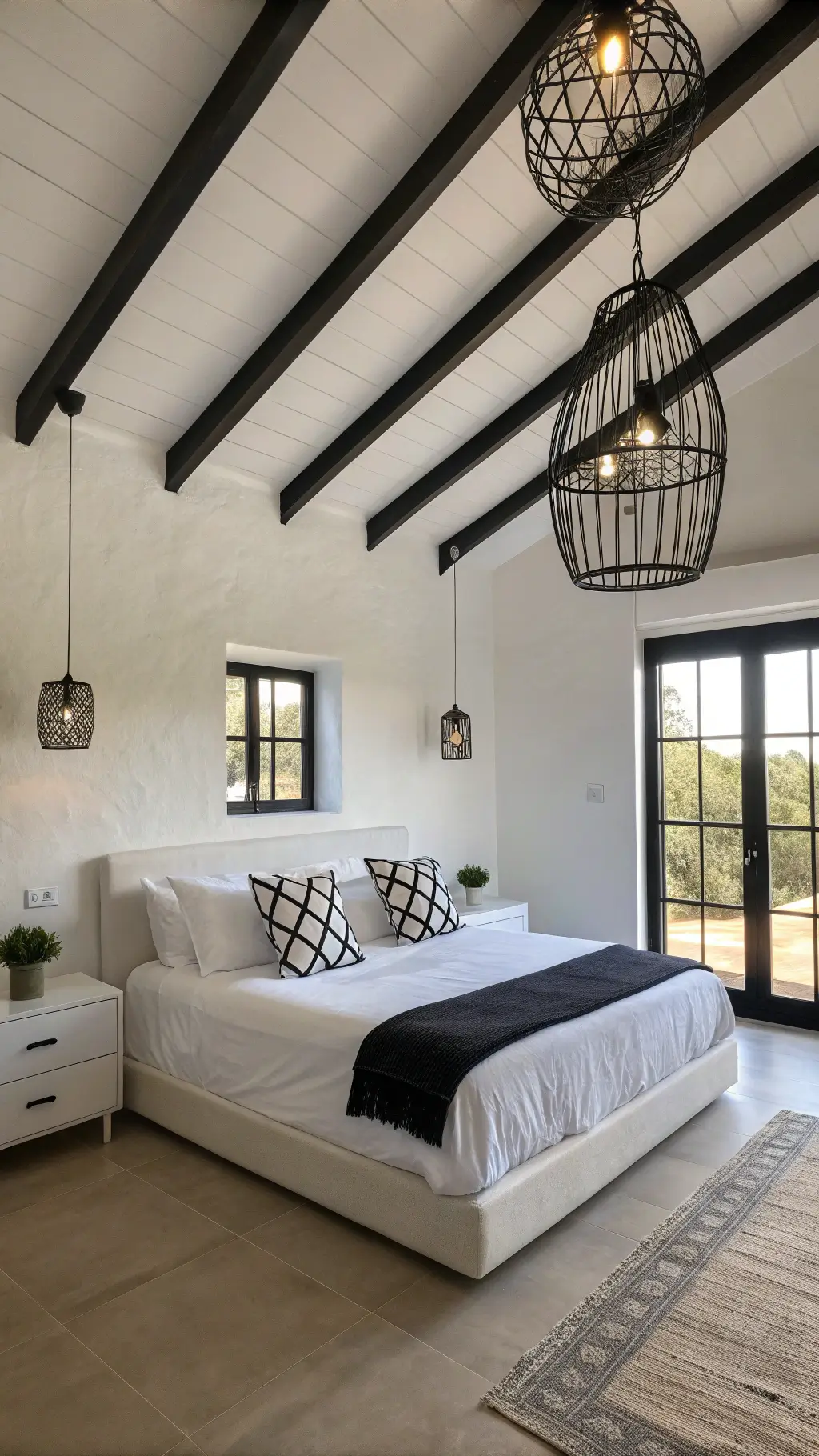 Minimalist bedroom with white walls, black ceiling beams, low-profile platform bed with geometric black pillows, and black metal pendant lights at dawn.
