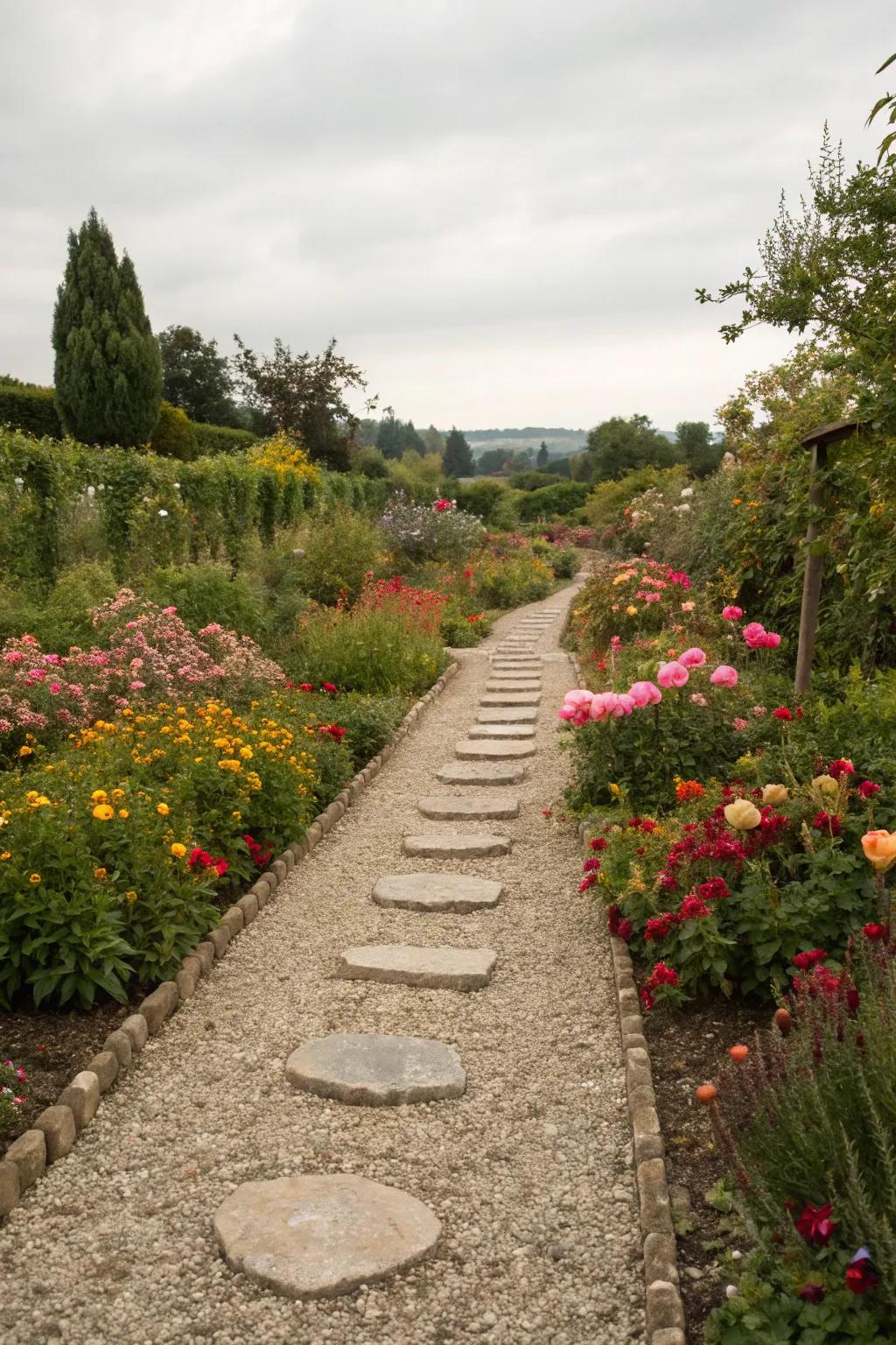A charming garden path lined with gravel and lush plants.