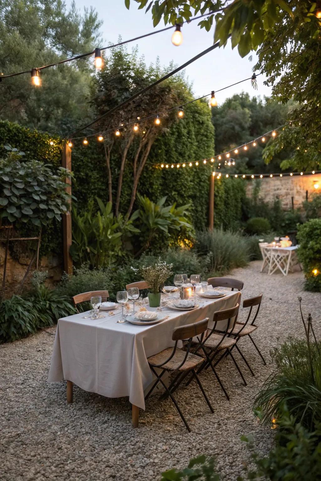 Elegant outdoor dining setup illuminated by string lights.